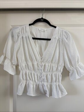 Button-Front White Smocked Peasant Blouse